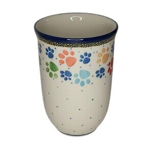 Polish Pottery Paw Mug Dog Puppy Print Coffee Cup Multicolor 5" x 4" Bolesławiec